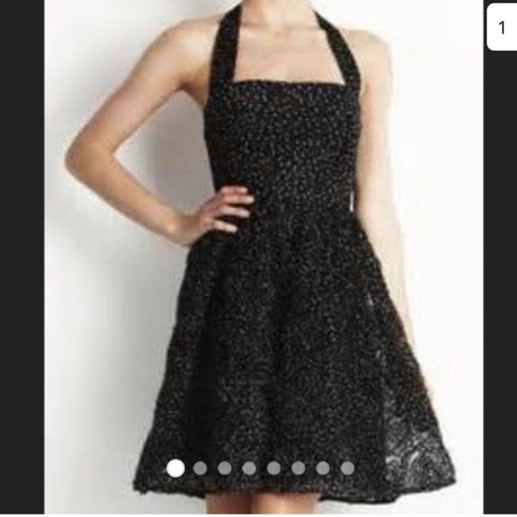 Adrianna Papell Black/White Polka Dot Dress with 3D Rose Chiffon Size: 14 Formal - Picture 9 of 10